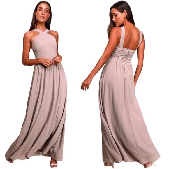 Lulu's Air of Romance Taupe Modified Halter Maxi Dress Bridesmaid Sm - Picture 1 of 12